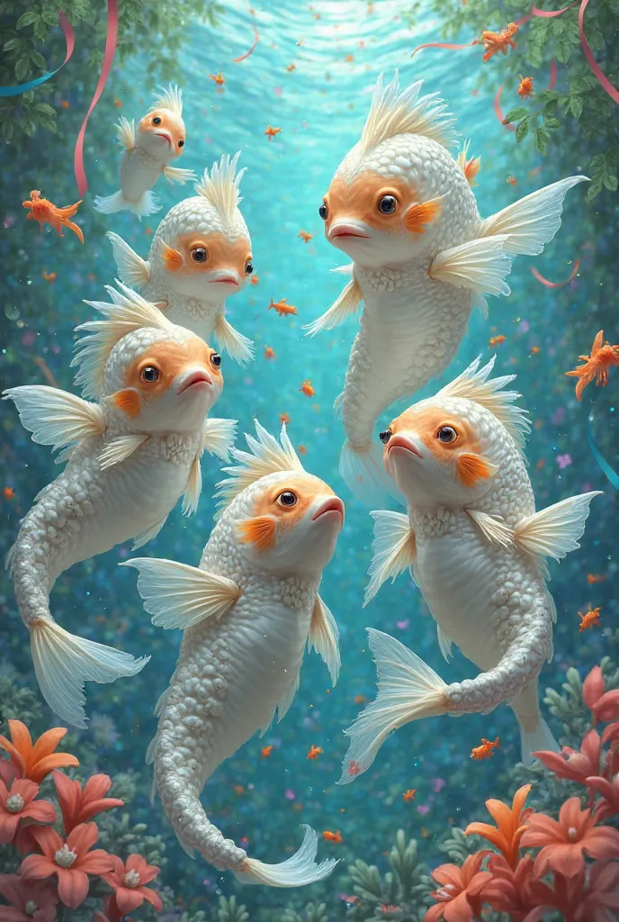 Humanized style fishes (adults, ren, girls and babies ), dressed in white to celebrate carnival