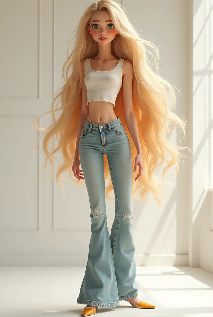 Create female Disney Pixar character with white skin and green eyes, blonde, standing in a white room wearing Jens pants and a medium-rise top, Cabello Lizo 40 years old 