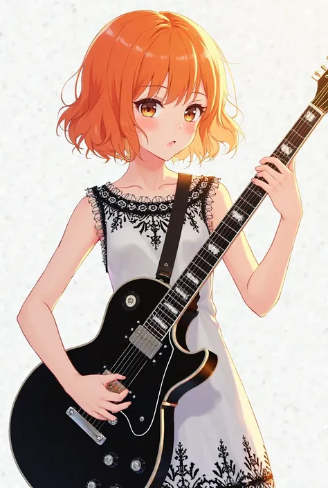 Anime girl with short orange hair with bangs in the black and white dress playing black guitar