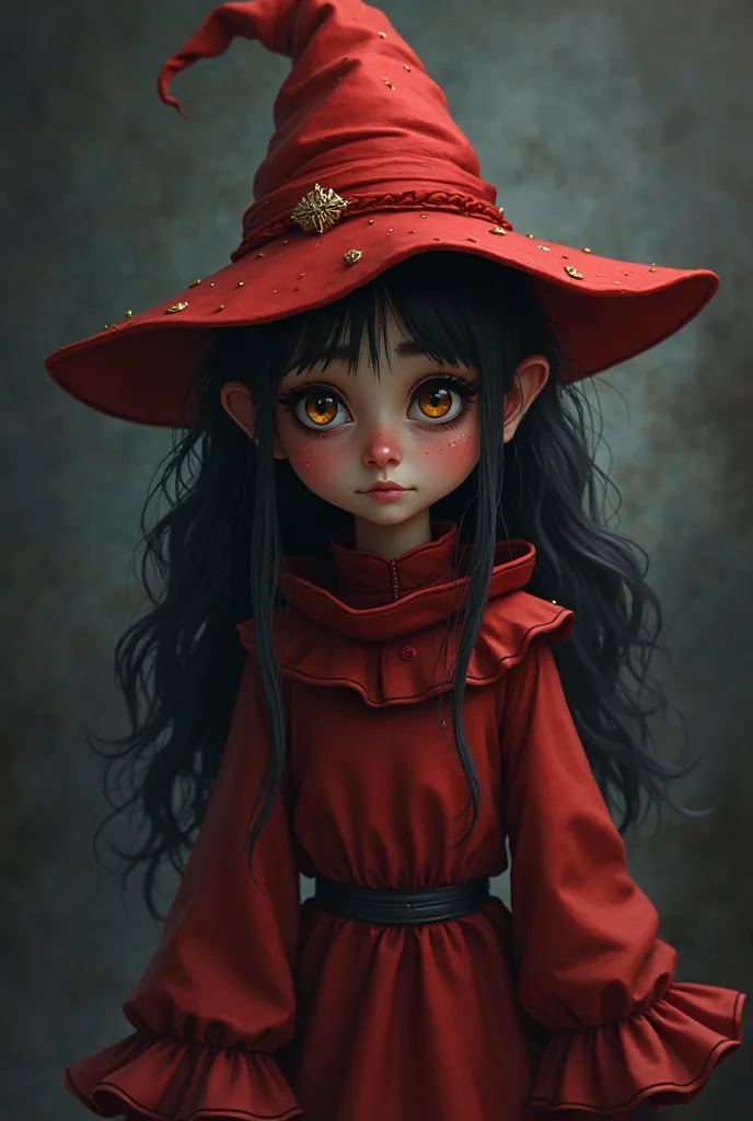 I want the cover for my book,  must be animated , A girl pretending to be a puppet, Looking like a witch, not so lively, with red and black colors it must be a damn puppet, And you must look sad, But he must be smiling anyway