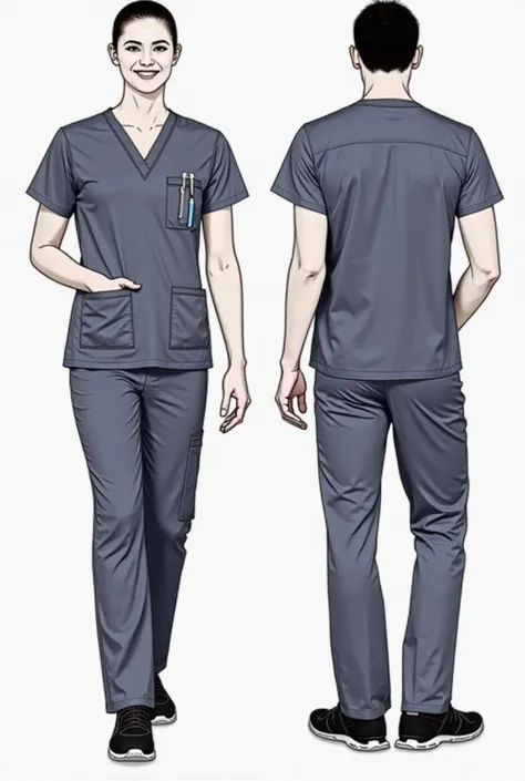 Innovative Medical Scrubs Design (Front & Back View)

Front View:
	•	Scrub Shirt:
	•	Comfortable V-neck or zip-up design.
	•	A discreet, soft-lined pocket on the lower front, designed for multi-purpose use, with a convertible flap that closes when not need...