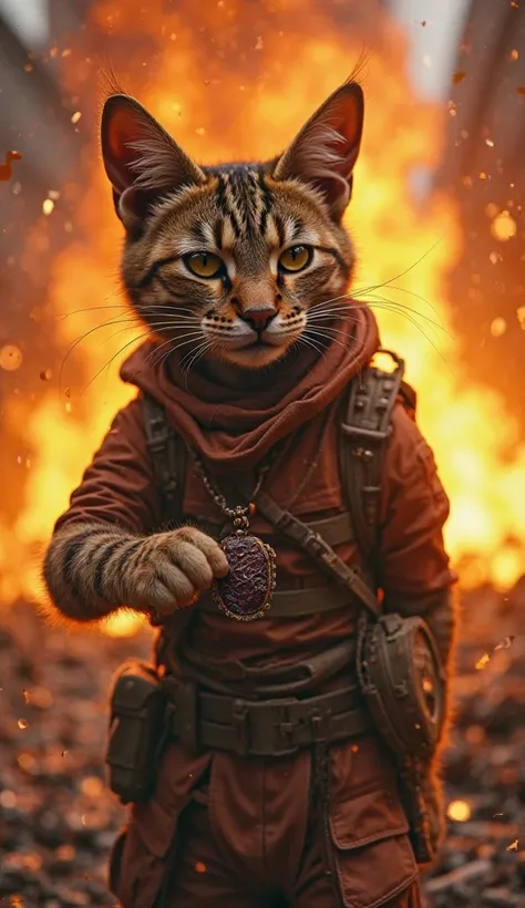 Anthropomorphic cat soldier engulfed in a fiery explosion, smiling sadly as enemy wolves close in. Slow-motion debris, his human-like hand releasing a charred locket. Close-up of his calm, resigned face, fur illuminated by flames. Background: collapsing me...