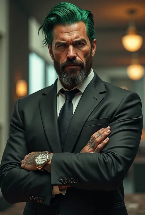 Make a photo for my profile. A businessman tattooed on his hands with green hair and a brown black beard. I want it to symbolize power and money. 