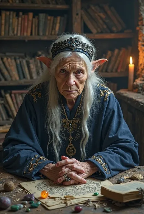 A mystical old woman with long, loose white hair, wrinkled skin marked by time and deep eyes that emanate knowledge and mystery. Your face carries deep wrinkles, sharp expression lines and age spots, conveying an aura of experience and ancient power. She w...