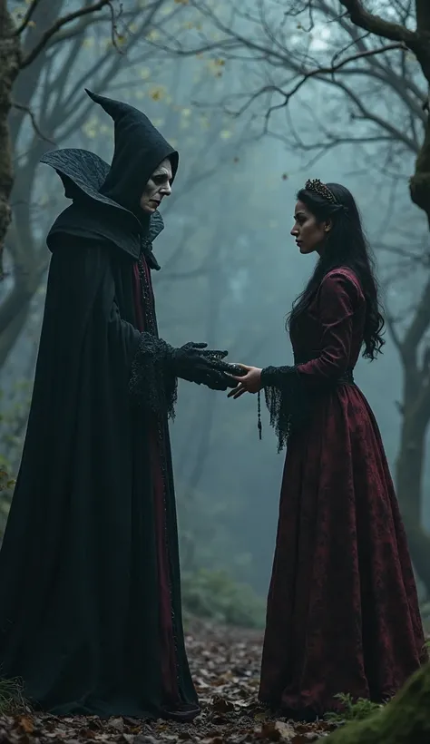 A dark scene Mysterious with Snow White and the Witch Queen in a dark and menacing environment. the witch queen, with a distorted and malevolent appearance,  gloves are standing, with its black cloak flowing around, and her pale and dark face, partially hi...