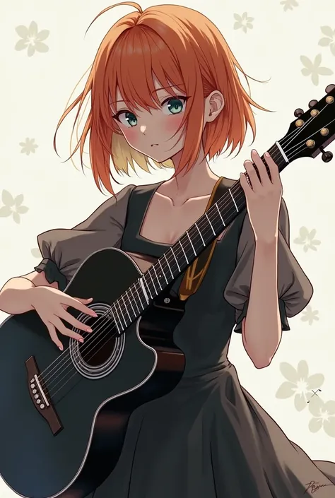 Anime girl with short orange hair with bangs in the black and white dress with puff sleeves playing black guitar