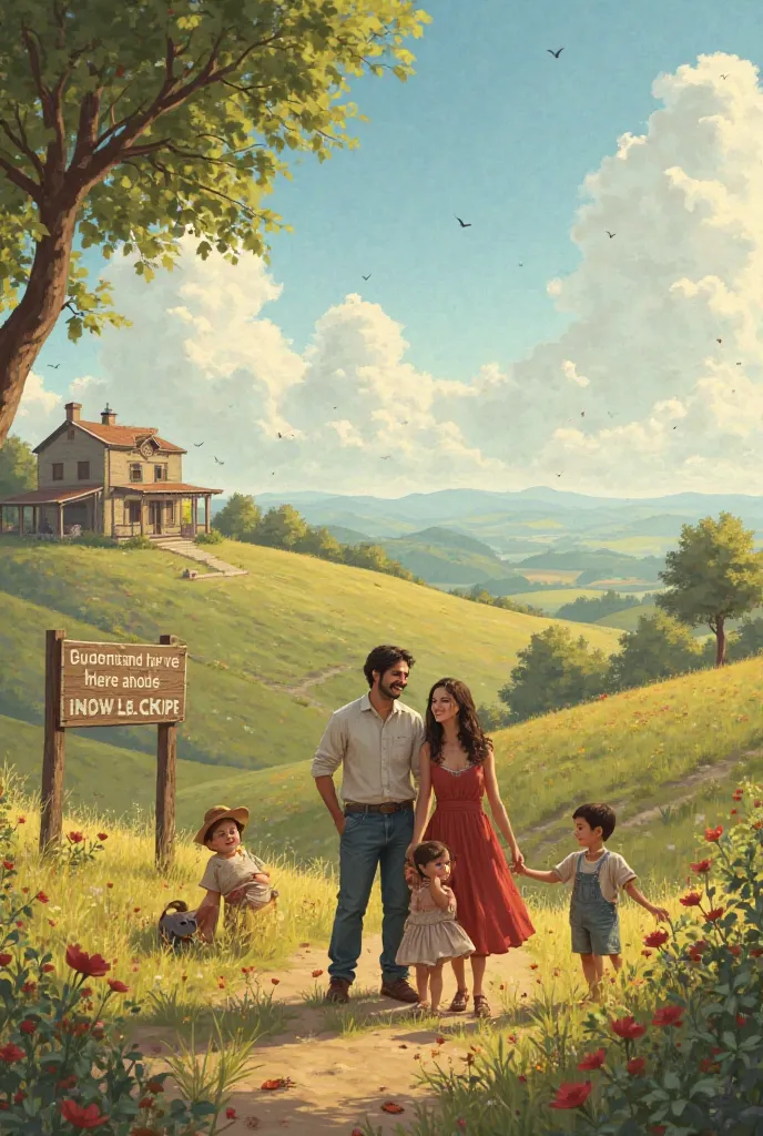 Create an image of a family and ren in the countryside , that has the words Luis and Guadalupe, with a poem dedicated to two spouses 