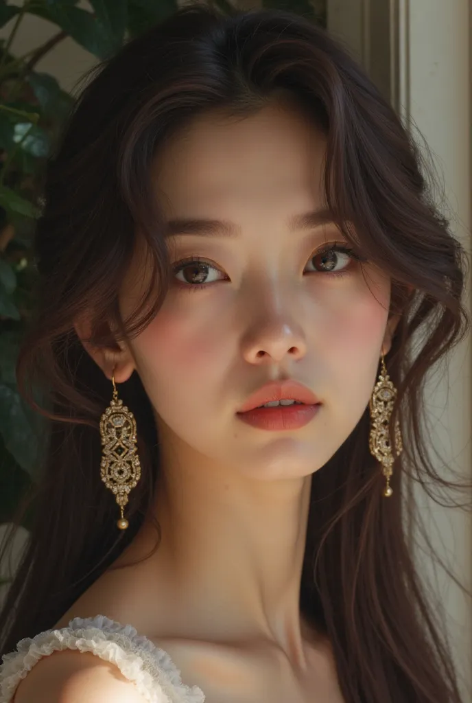 A beautiful brunette with black hair and beautiful earrings