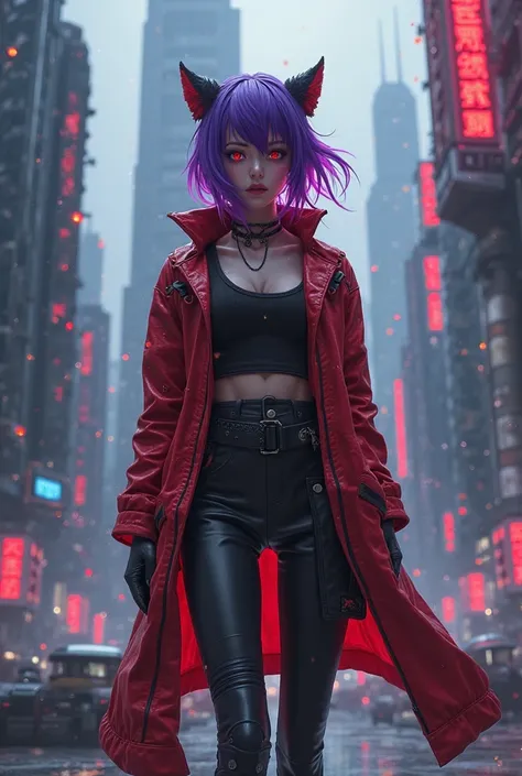  I want a slightly scary sci-fi anime with red and black clothes and purple hair