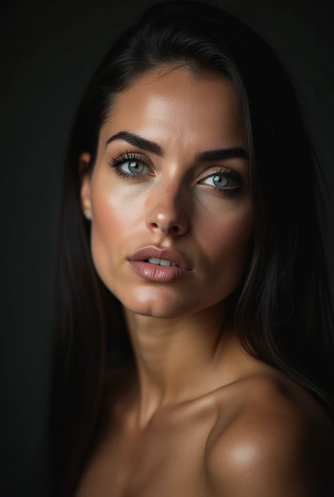 Close-up portrait of a confident italian woman with a sculpted, symmetrical face, captured in a dramatic lighting. Her intense gaze is framed by well-defined dark eyebrows and sharp, almond-shaped eyes with dark irises, blue-green eyes. The woman's lips ar...