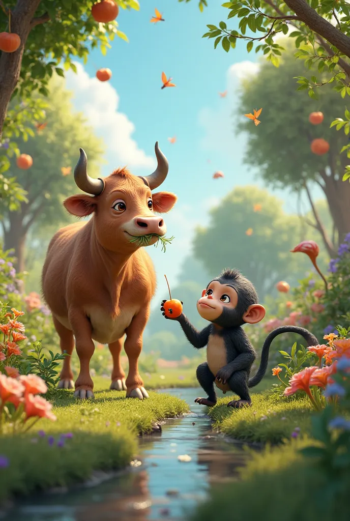 The Hardworking Cow and Monkey

Gauri the brown cow and Kiki the black monkey shared a beautiful garden. Generate this into a 3d hd images

