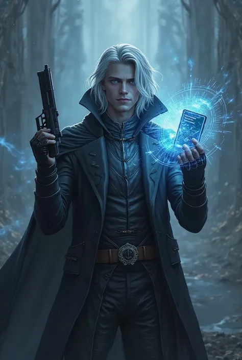 A silver-haired warrior with light blue eyes, wearing a dark coat, armored gauntlets, and a flowing cape. Holding a sleek black pistol in one hand and a glowing magical smartphone in the other. A holographic system interface with stats and abilities is pro...