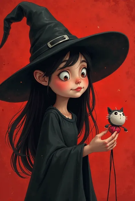 I want the cover for my book,  must be animated , A girl pretending to be a puppet, Looking like a witch, not so lively, With red and black colors it must be a damn puppet, And you must look sad, But he must be smiling anyway, Let it be a puppet