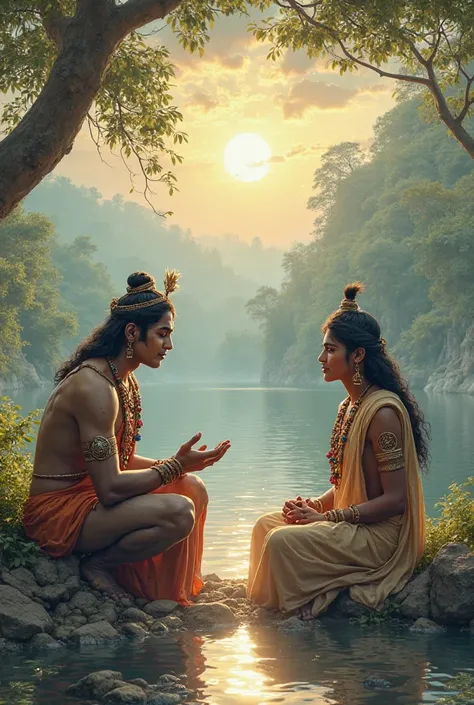 Sri krishna arjuna conversation about propose of life in an peacefull riverside Wallpaper with a mahabharat qonte