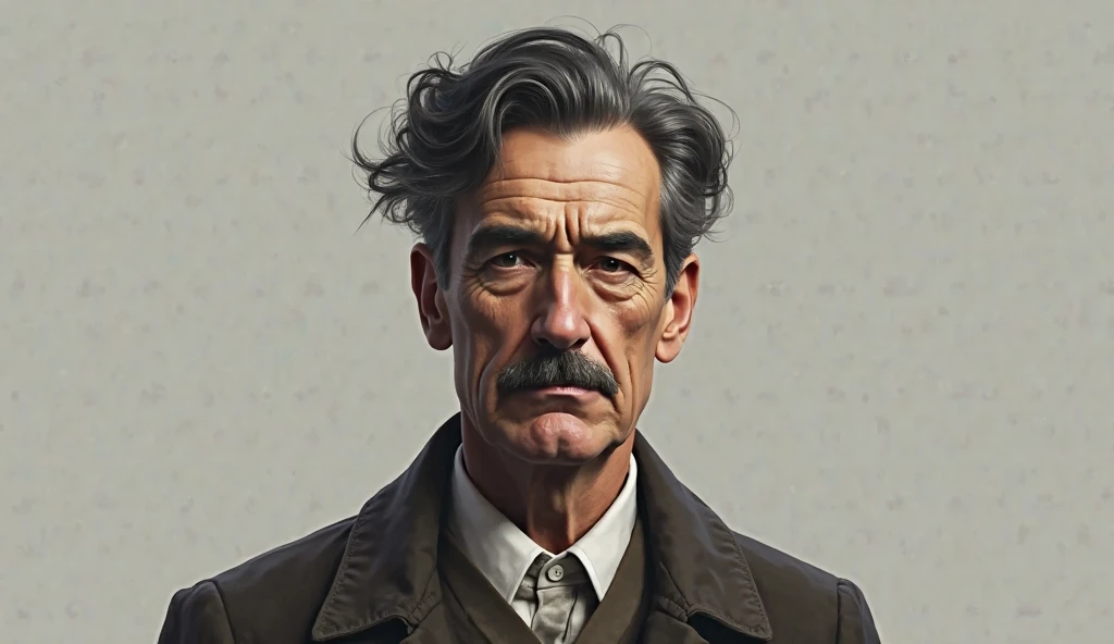 Realistic portrait artwork of George Orwell with head and half body and neutral grey background