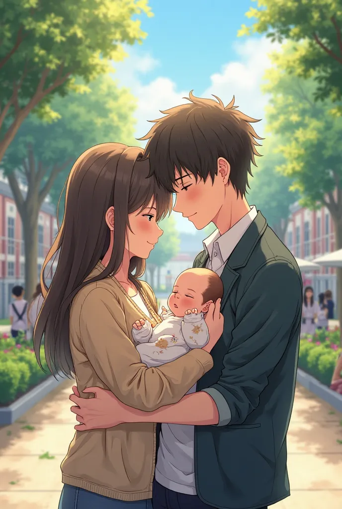 Anime couple with baby baby on school