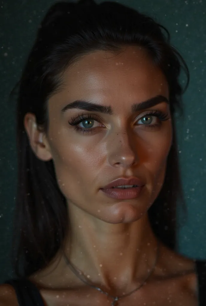 Close-up portrait of a confident italian woman with a sculpted, symmetrical face, captured in a dramatic lighting. Her intense gaze is framed by well-defined dark eyebrows and sharp, almond-shaped eyes with dark irises, blue-green eyes. The woman's lips ar...