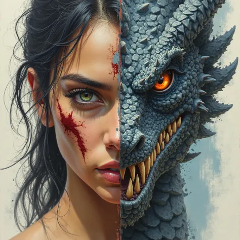 Dual perception warrior woman on one side with scar on her face and realistic dragon on the other side
Border, Accurate, Action Painting, close up just there faces 