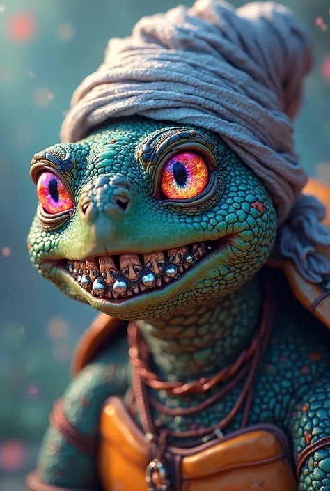 Imagine a humanoid turtle with psychedelic eyes, wearing a silver Durag and with a catchy smile showing off her studded grillz, All of this in an anime tone 