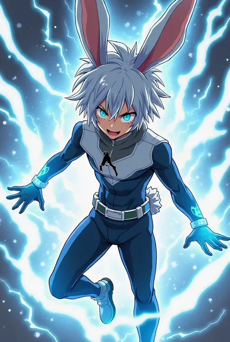 A male My Hero Academia character with silvery white hair, bunny ears and bunny tail. Added black markings on his skin like a harlequin rabbit. Fair skin with blue eyes, energetic pose with blue lightning all around him, like he's controlling it with his l...