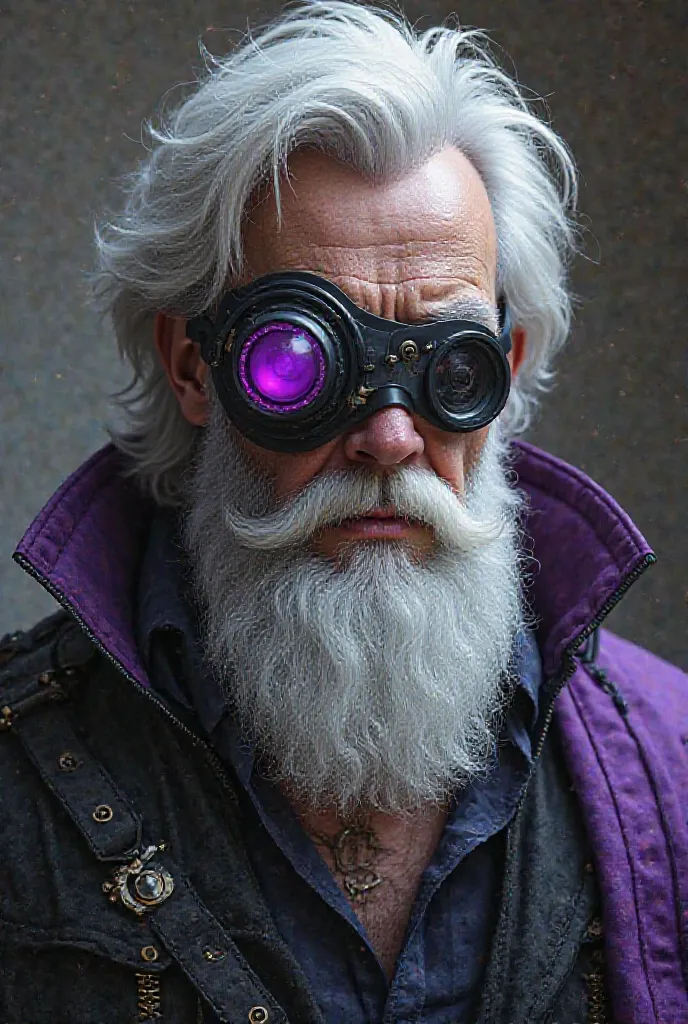 a white man with medium white hair and a white beard wearing a technological mask with purple details that covers the left half of his face, wearing a black outfit with purple details in the steampunk clothing style. In realistic design style 