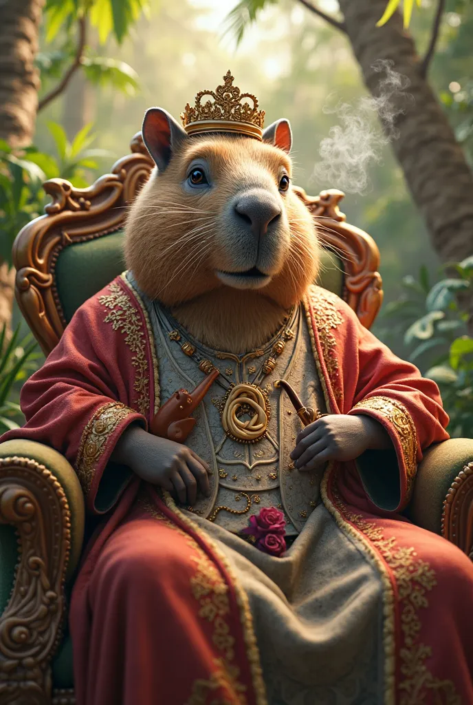 A seated royal capybara smoking a joint