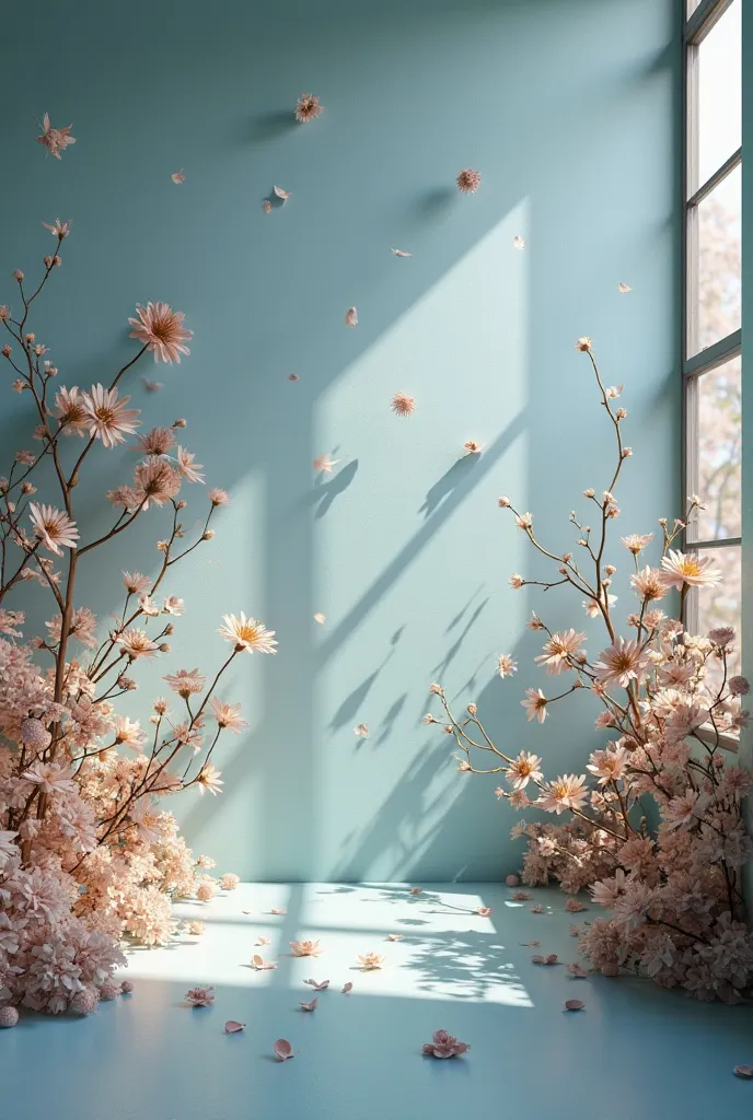 room in metalic and zinc blue with brown and cream shadowed flowers and pink pastel leafes a