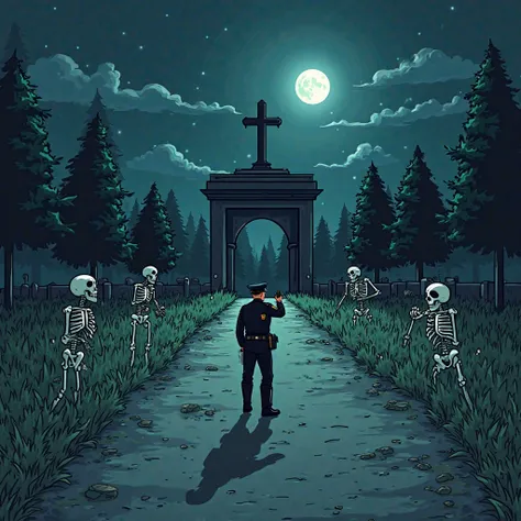 all cartoon style, in an abandoned cemetery, at night, dark atmosphere, with skeletons drying out the policeman with a road in the center, a circular mausoleum with a large cross above at the end of the road, a scared policeman with his back in the middle ...