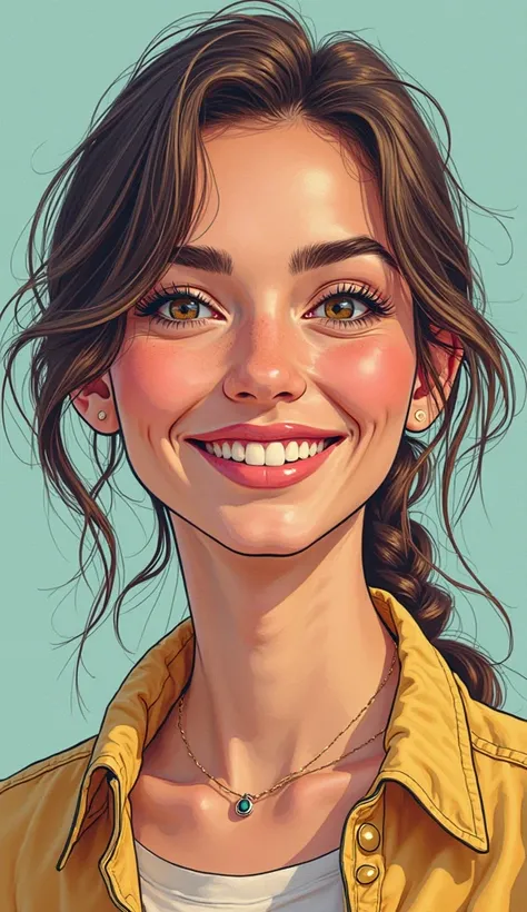 DISCREET image. with discreet casual clothes. image adult woman, american, comic book style. with a smile face. IMAGES WITH VIBRANT COLORS.focus on face. light colors. 