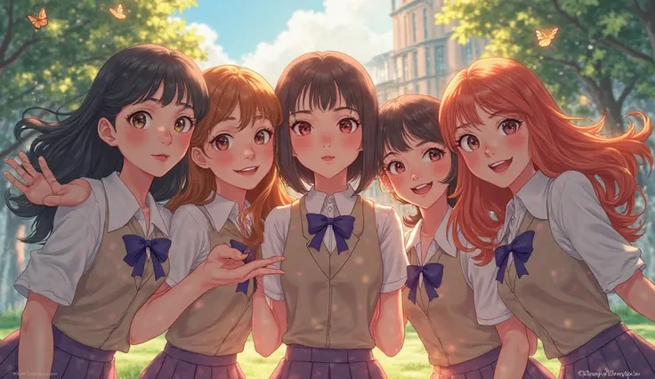 Five beautiful Disney girls wearing school uniforms are filming a selfie with the first girl's hand