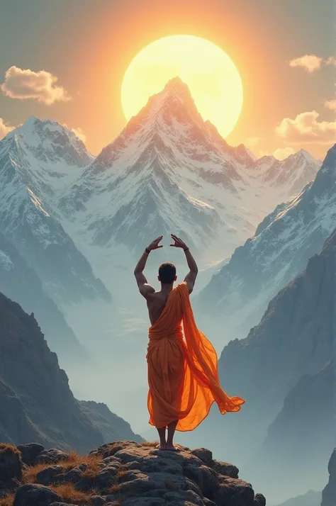 "A lone prince, Bhagirath, standing in deep meditation in the Himalayas. He is wearing simple orange robes, standing on one leg, arms raised in devotion. Snow-covered mountains, a bright sun, and divine energy surrounding him show his dedication. The scene...