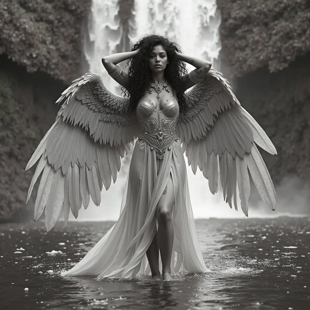 Pretty woman with long curly black hair tattooed with freckles wearing a long white dress of armor and a long layer of mirror-like silver feathers with large wings open her feet walking and reflection in the water, backlighting sitting on a cliff with a ma...