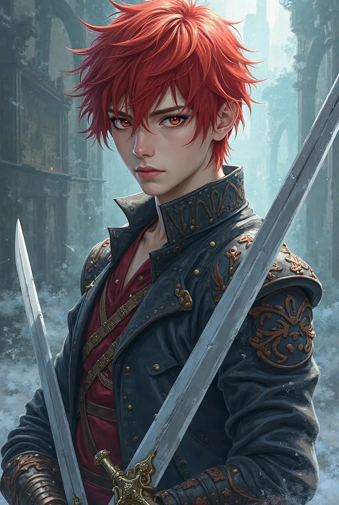 Anime style, beautiful red-haired young man with cold eyes holding double swords