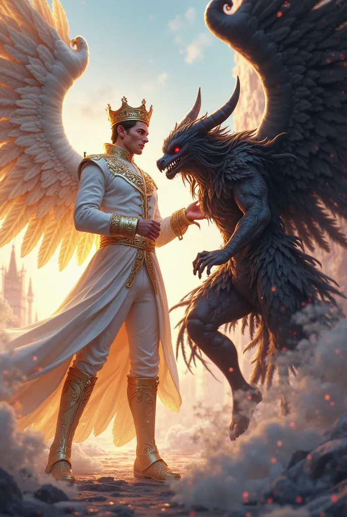 A  prince with white wings and golden crown a white coat and pants sparkling eyes flying fight with a A back witch with long nails red eyes and black big wings HD,3d cartoon type pic