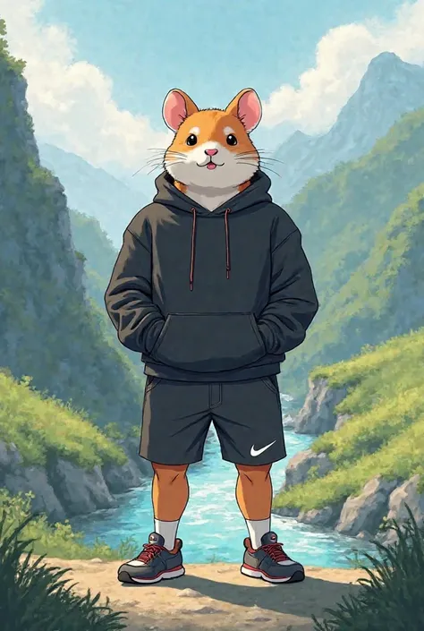 A guy with a hamster's head is physically fit in a black hoodie and Nike shorts standing on a gentle plan of a mountain and a stream.  Anime style 