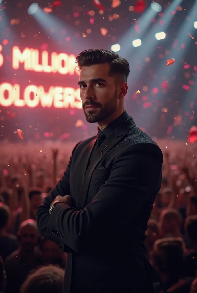 An AI-generated image of a handsome man with neatly styled dark hair and a well-groomed beard, standing confidently on a grand stage. He is wearing a stylish black suit with a subtle shimmer, exuding elegance and charm. Behind him, a massive audience is vi...