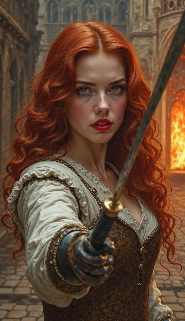 Realistic image of Julie D'Aubigny, a fencer with wavy red hair. Her face is striking like a French Renaissance painting, with red lipstick on her lips, she's holding a fencing sword in an attack position. Her eyes are almond shaped with a dominant and cha...