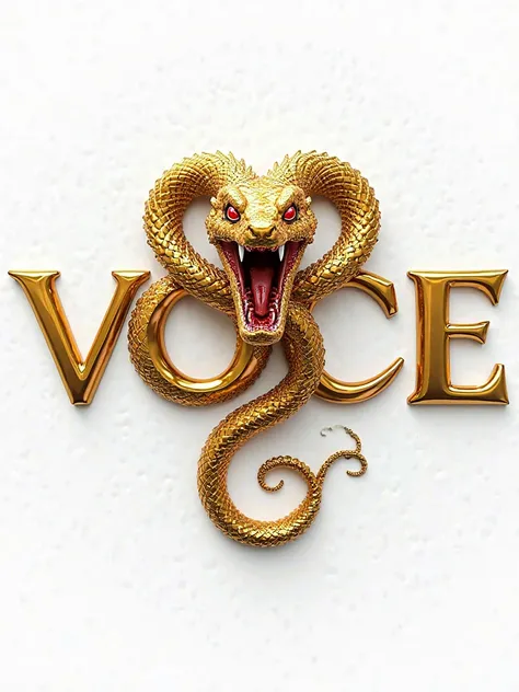 Give me a hyper realistic round gold-rimmed logo of a screaming golden serpent with red eyes wrapped between the gold letters " M a g i a
&  v o c e " , the background is totally white 