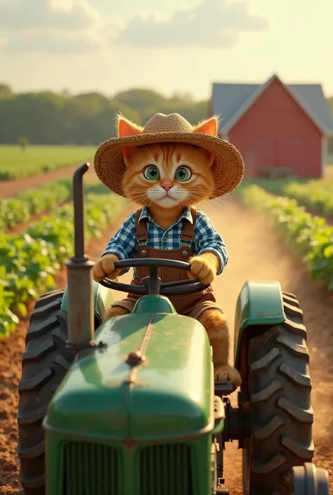 Prompt for Scene 1: The Farming Cat Driving the Tractor

A charming orange tabby American cat with green eyes, wearing a large straw hat, a blue checkered shirt, and slightly mud-stained brown overalls, is driving a vintage green tractor through a vast cou...