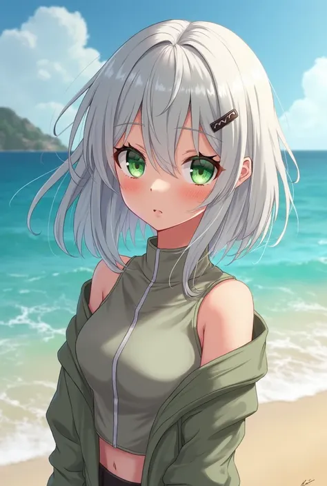 anime girl with white hair and green eyes standing on the beach, a character portrait inspired by senior character artist, trending on pixiv, fantastic realism, from girls frontline, kantai collection style, girls frontline style, fine details. girls front...