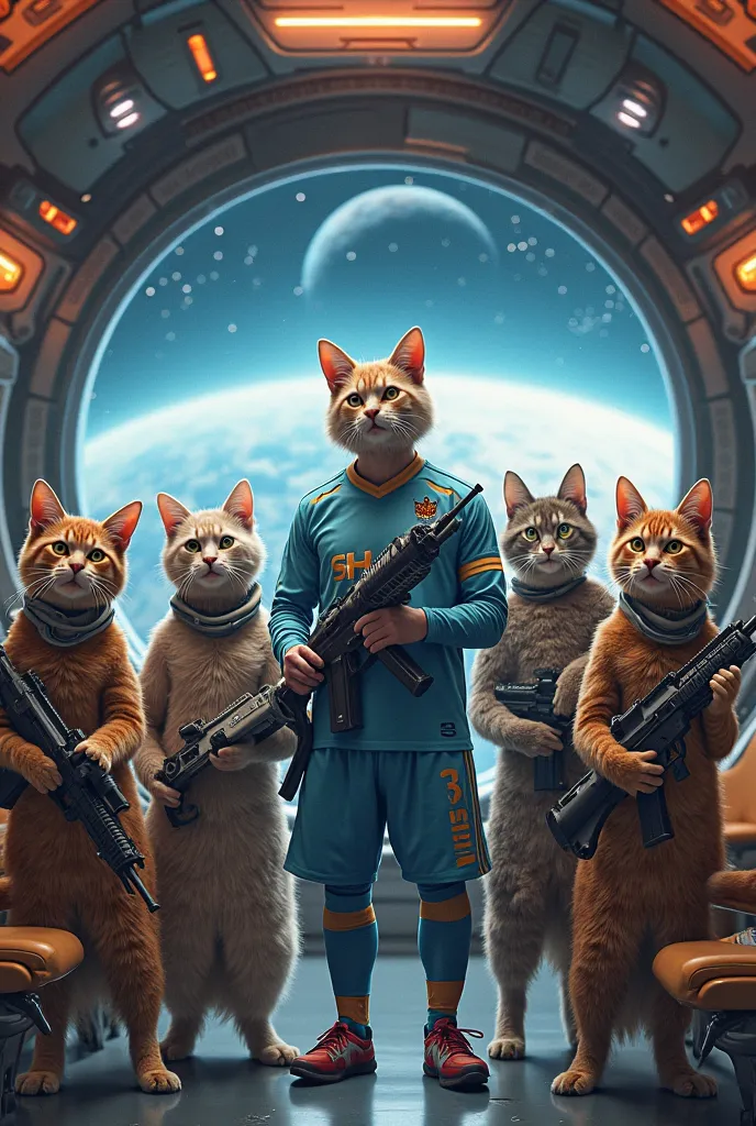 5 cats and Messi armed with weapons on a spaceship going to space