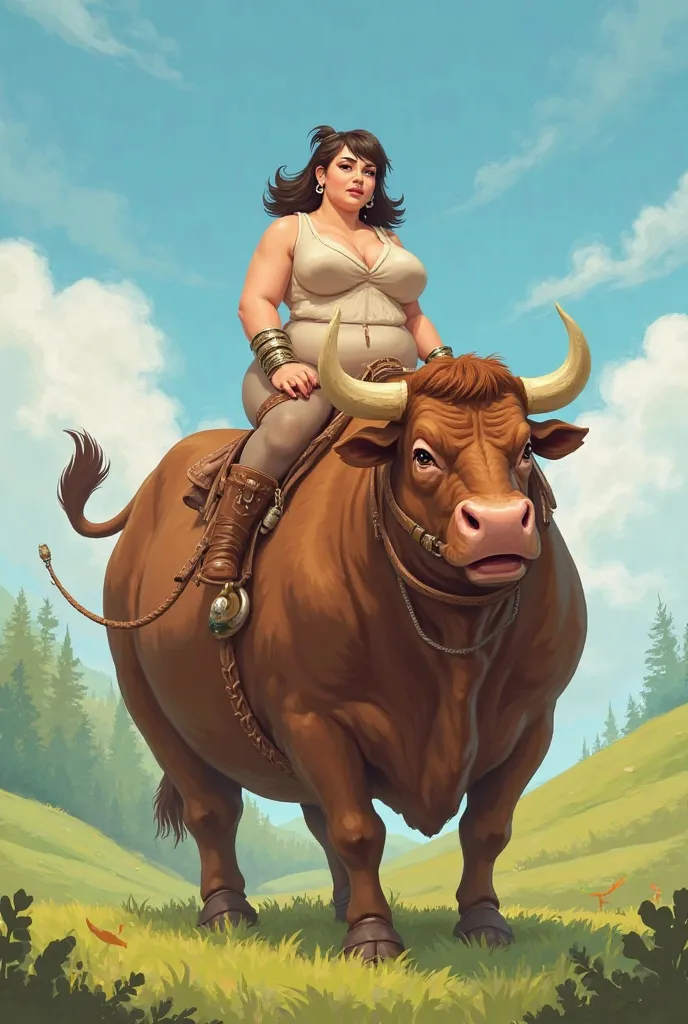 Chubby girl rides big chubby bull with leash tied