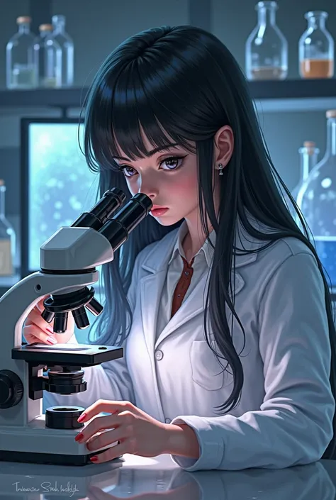 Make an image of a black-haired bacteriologist in the laboratory, It's for a gift card