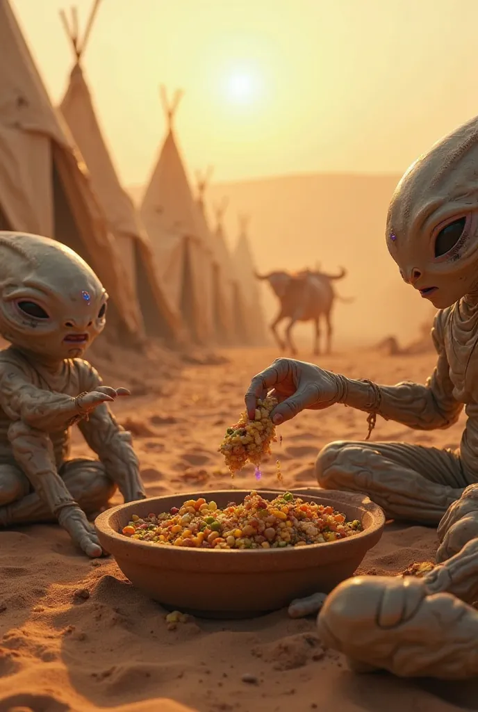 "POV of an extraterrestrial laborer at an ancient desert construction site during sunrise. The scene depicts a vast encampment with beige linen tents, where a group of alien workers with elongated limbs, bioluminescent markings, and smooth, iridescent skin...