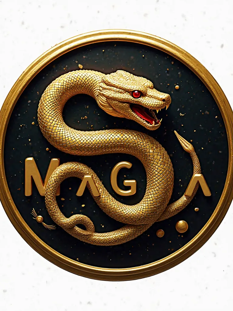 Give me a round logo with gold borders and hyper realistic black background of a screaming golden serpent with red eyes wrapped between the gold letters " M a g i a
&  v o c e " , the background is totally white 