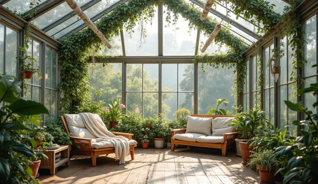 dark greenhouse inside without the person and with some confy furniture