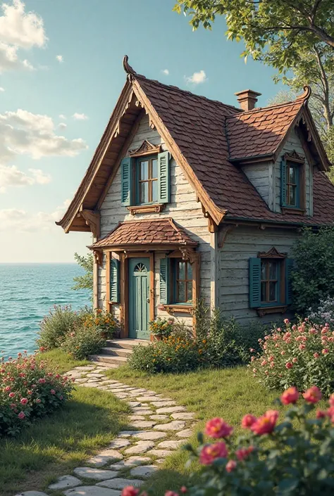 Tap me 8k ultra graphic cottage house with few flowers by the sea