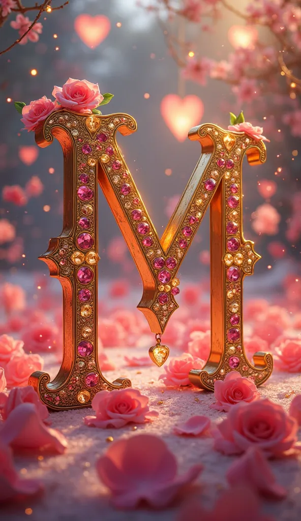    In the background there are illuminated hearts and rose petals. in the center, a large letter M made of gold, brightly colored stones.. High resolution , 