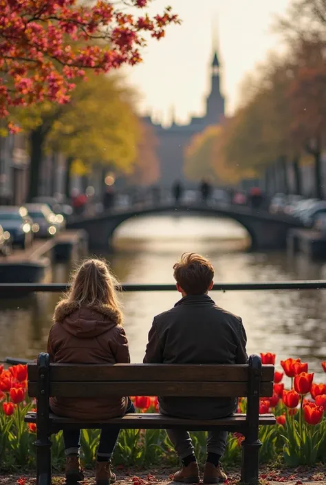 Une fille de 25 ans et un garçon de 30ans se tenant la main Assis sur un banc en train de regarder un fleuve qui traverse la ville d'Amsterdam avec des tulipes d'Amsterdam qui flotte au dessus en fin de journée 