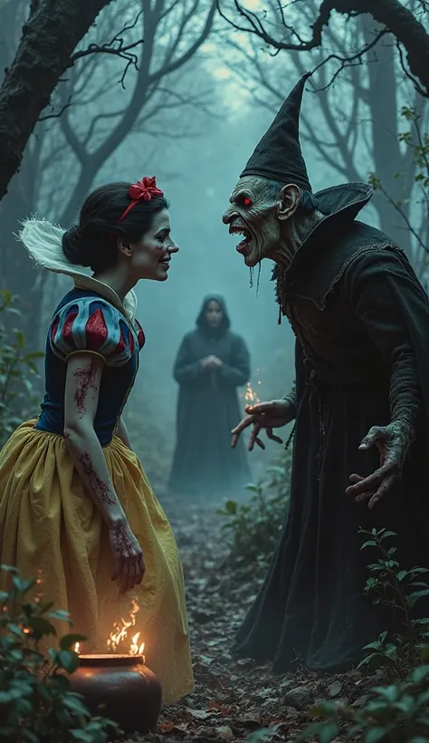 An intense and macabre scene where Snow White, now distorted and dark, enfrenta the witch queen em um confronto mortal.  Snow White , with a frightening appearance, their eyes shining with an ominous light and their pale skin covered with dark marks,  is i...